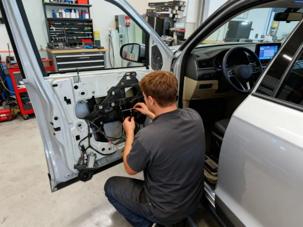 Technician repairing car door window mechanism at auto glass repair shop in Baltimore.