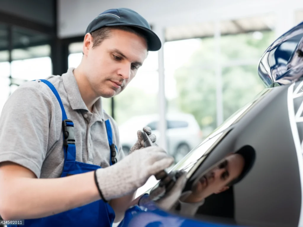 Skilled technician applying sealant during mobile auto glass repair in Baltimore with precision.