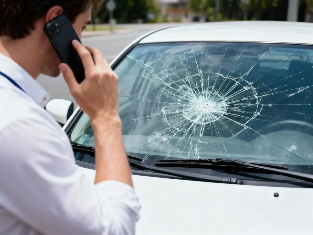 Driver calling auto glass repair shop Baltimore after discovering large windshield crack damage.