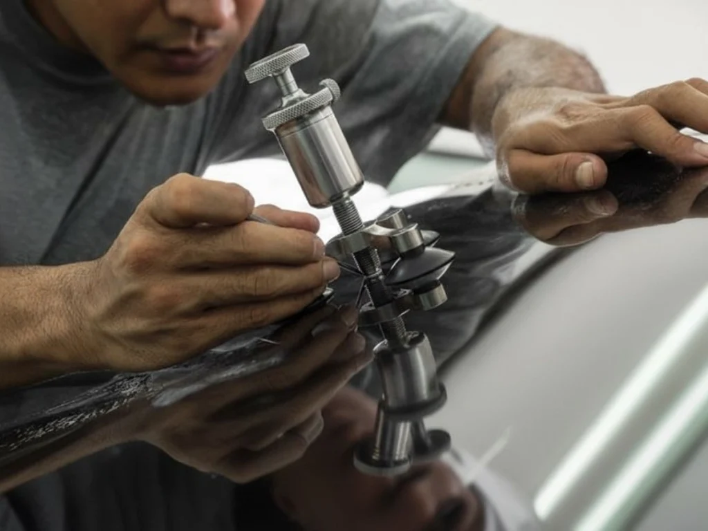 Technician using a tool to repair a car dent at a top Mobile Auto Glass Repair Baltimore service, offering on-site fixes.