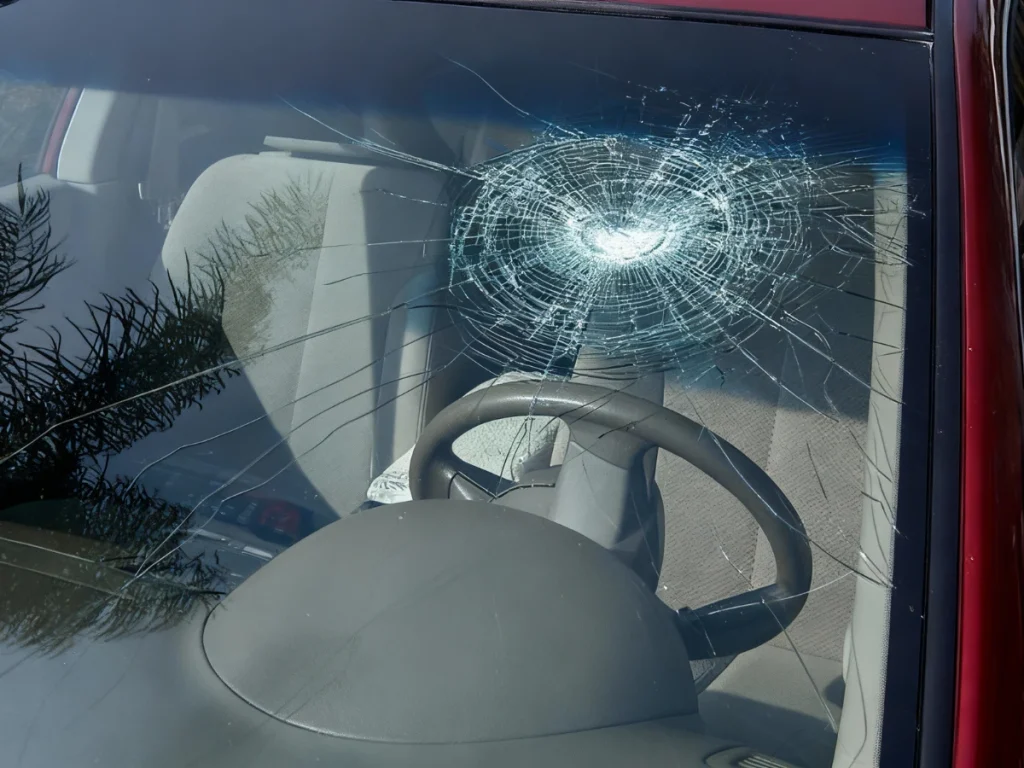 Cracked car windshield with spiderweb damage viewed from inside, underscoring urgent Auto Glass Fix Baltimore solutions for safety.