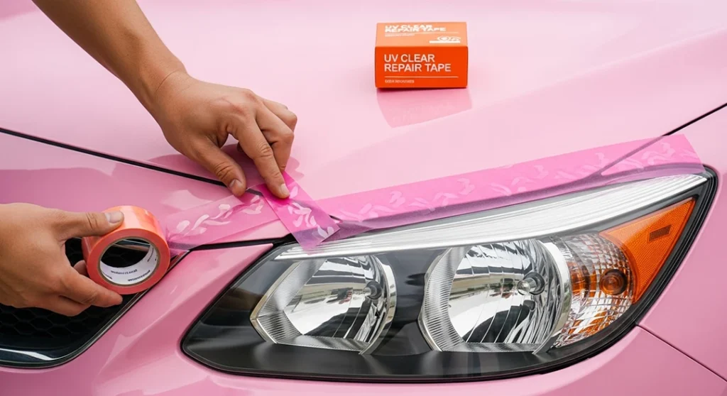 auto glass fix West Glen - masking pink car headlight with patterned tape before repair