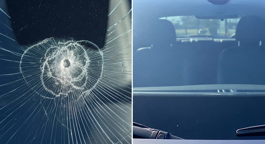 mobile auto glass repair in Mount Holly - a cracked windshield next to a perfectly repaired one