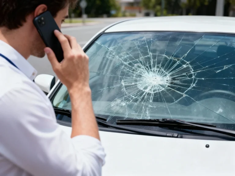 Driver calling auto glass repair shop Baltimore after discovering large windshield crack damage.