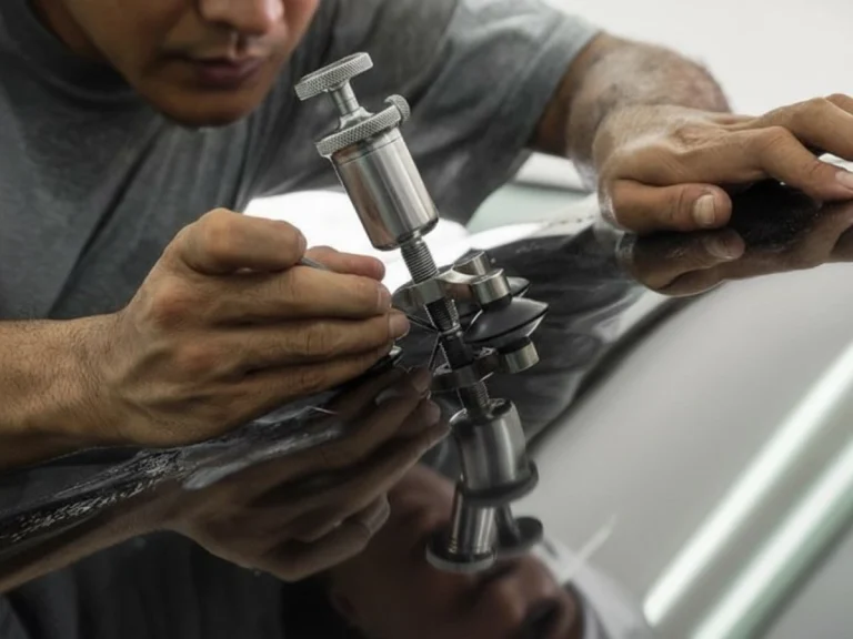 Technician using a tool to repair a car dent at a top Mobile Auto Glass Repair Baltimore service, offering on-site fixes.