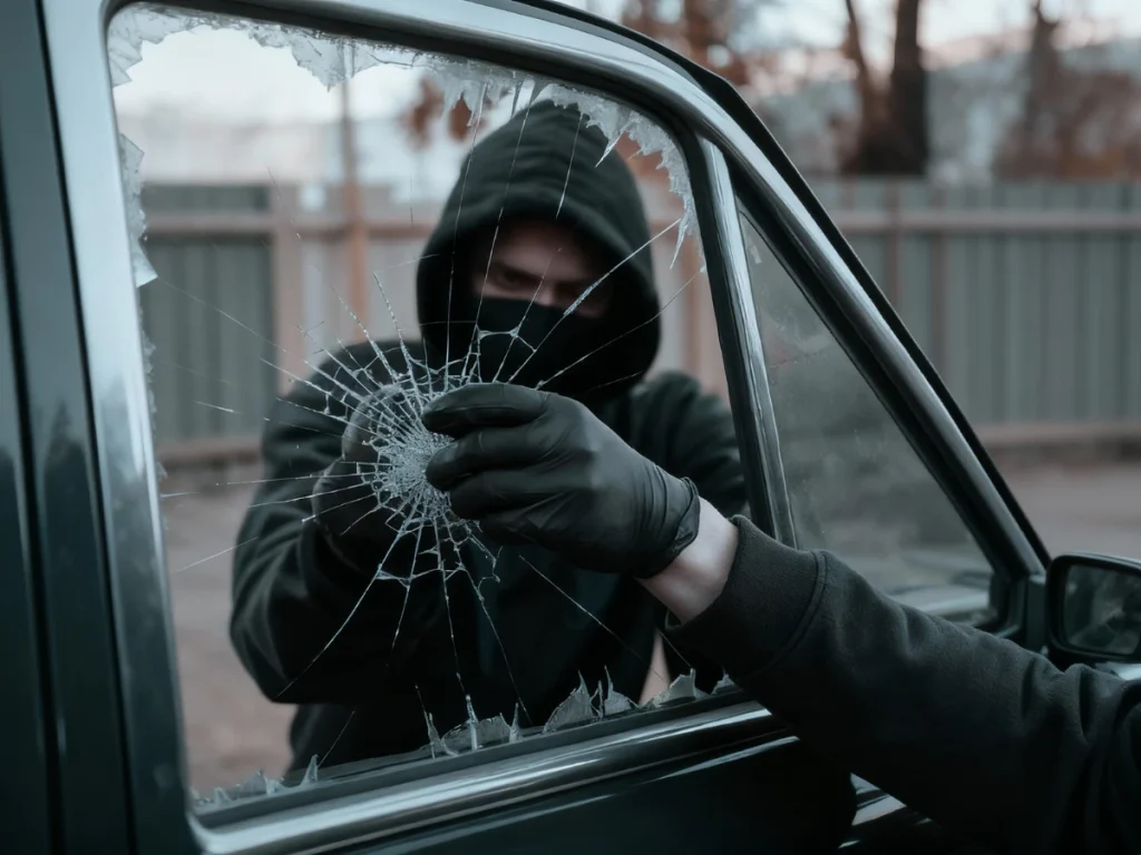 Burglar smashing car window during a break-in, illustrating the importance of prompt Auto Glass Fix Baltimore repairs for security.