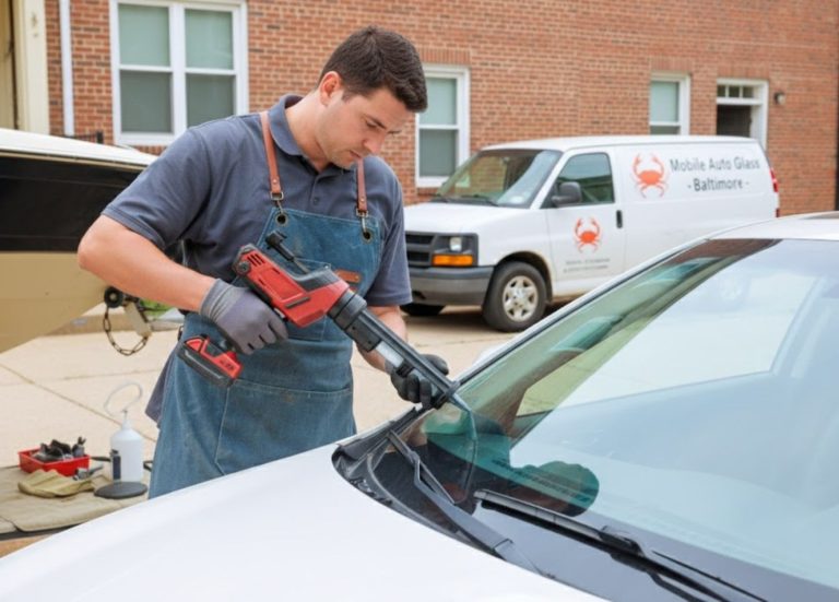 Technician performs mobile auto glass fix Baltimore service, applying adhesive for new windshield installation
