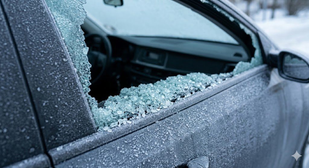 A car window completely shatters in extreme winter cold from temperature stress. Contact us for a precise auto glass fix Baltimore.