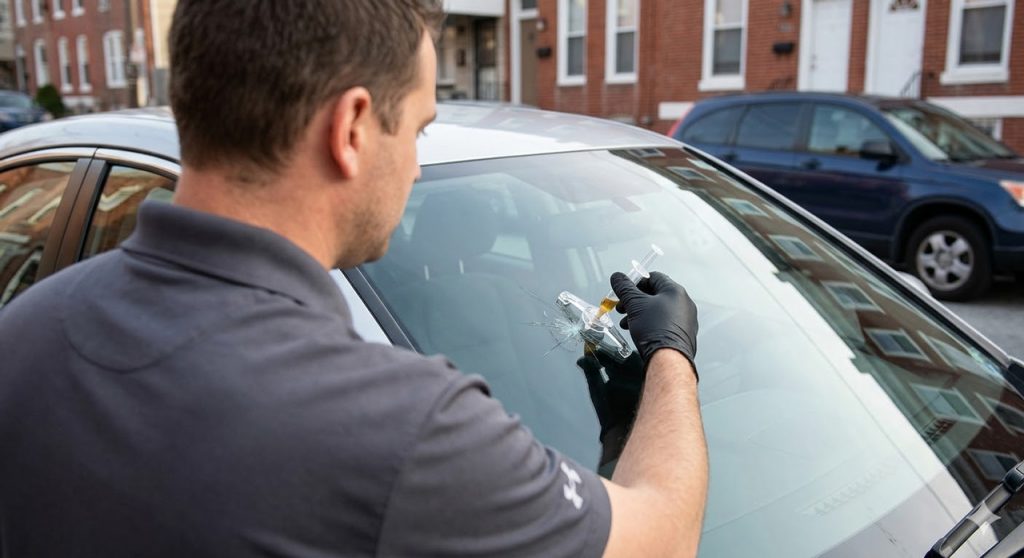 A close-up view of a professional technician applying a star break bridge and injector tool during a car windshield fix Baltimore.