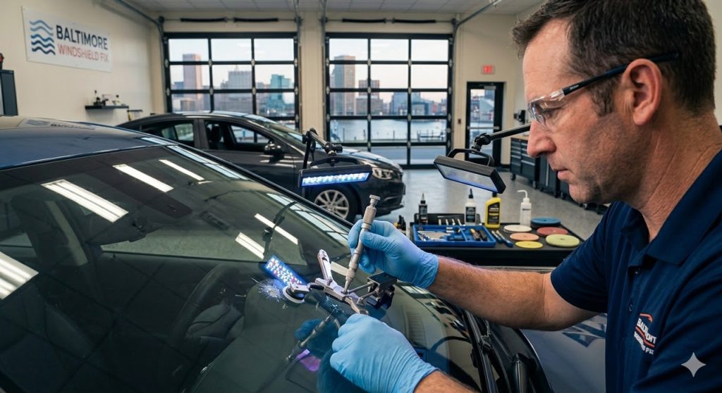 Expert technician repairs a glass chip using precision equipment at a local shop for a professional car windshield fix Baltimore.