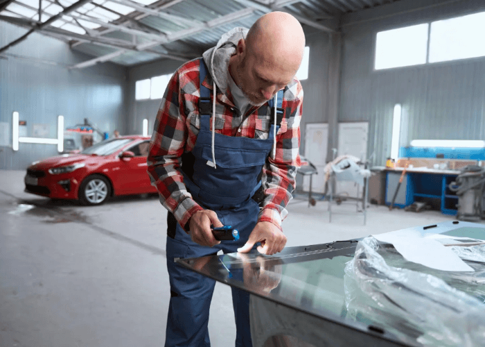 Expert inspecting glass quality for a passenger windows repair Baltimore to guarantee safety and driver clarity.
