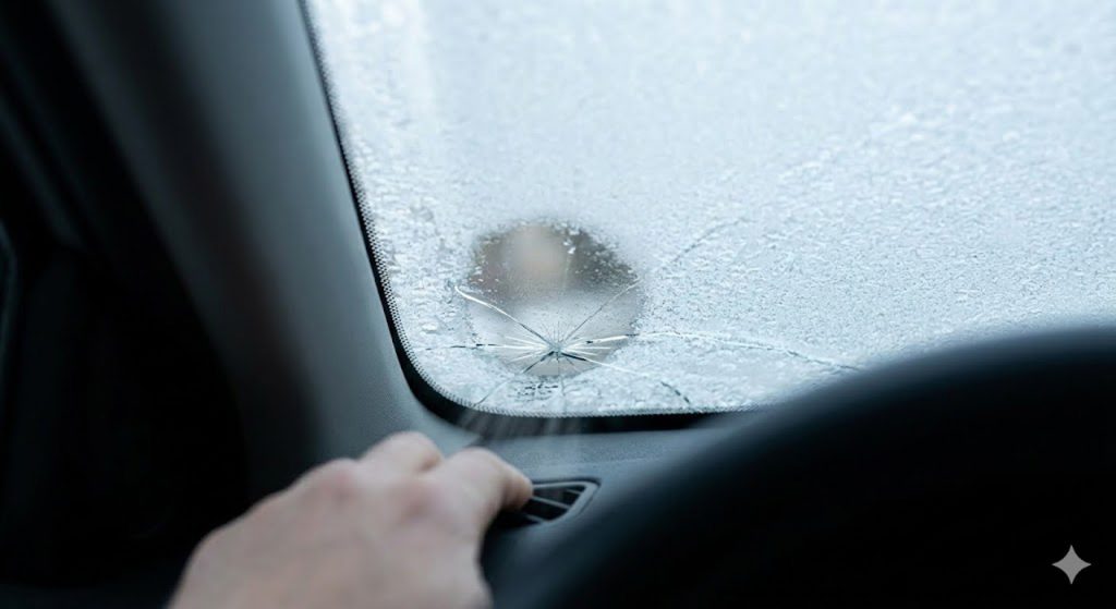 A small spiderweb crack forms on a cold windshield from rapid defrosting heat. Schedule your auto glass fix Baltimore online now.