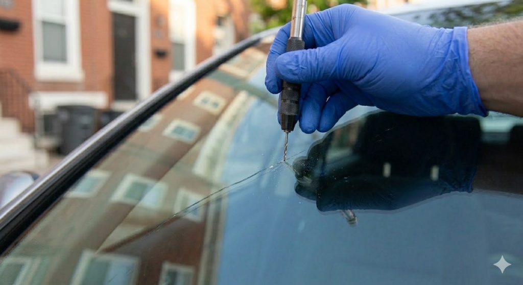 A close-up view of a specialized drill preparing a long linear crack for a pre-fill, showing a unique car windshield fix Baltimore technique.