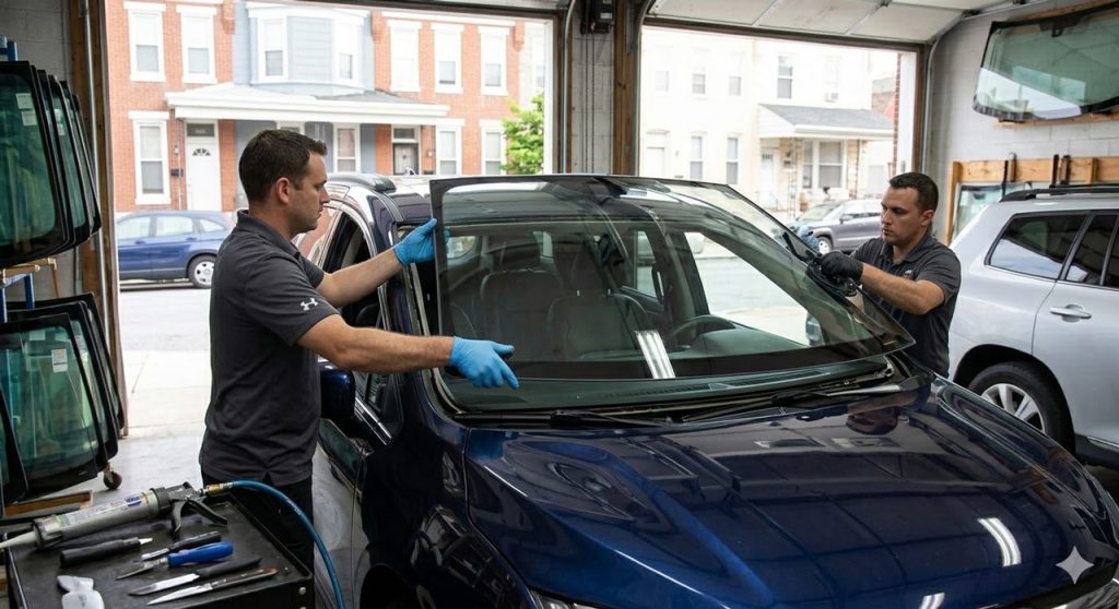 Two technicians supporting a new windshield, about to perform a car windshield fix Baltimore.
