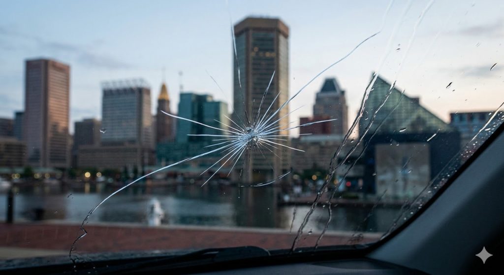 View from inside a vehicle showing a shattered glass pane that requires a professional car windshield fix Baltimore.