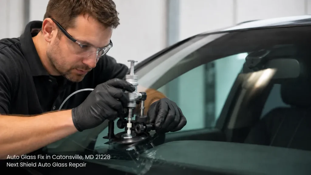 Close-up of an expert auto glass fix Baltimore technician using advanced tools to inject resin into a cracked window.