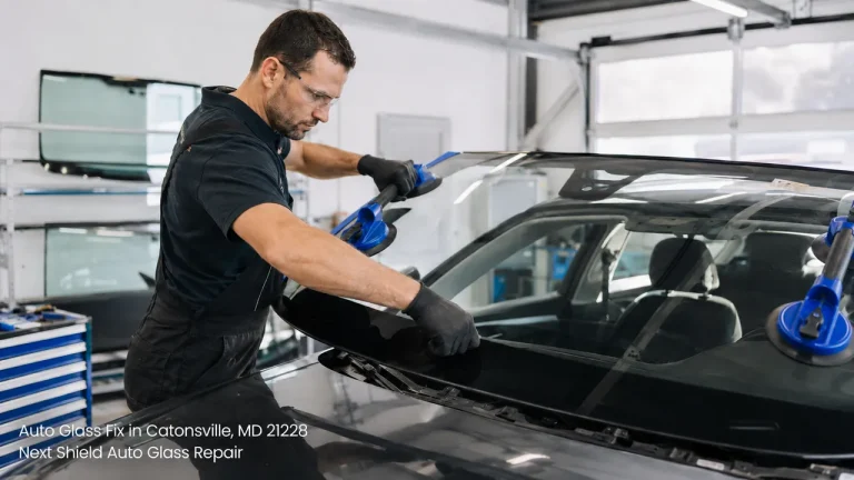 Skilled specialist providing a full auto glass fix Baltimore service by installing a new car windshield safely.