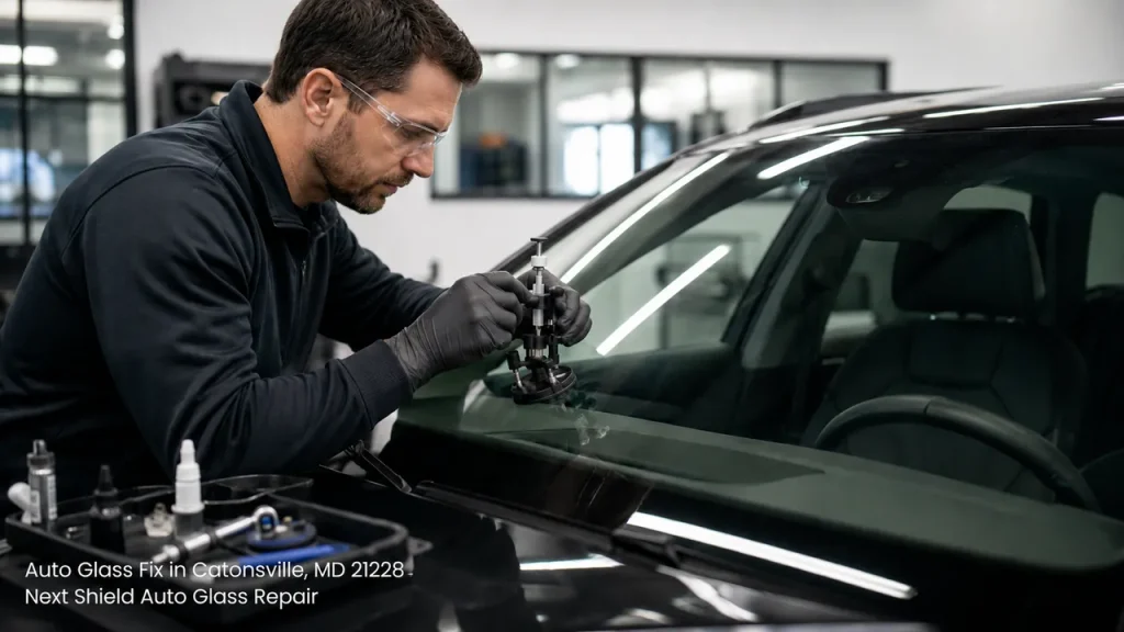 Professional auto glass fix Baltimore technician repairing a minor windshield crack with a precision resin tool.