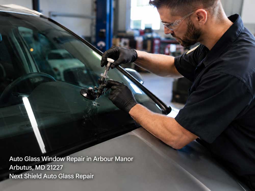 Professional mechanic fixes a bullseye crack during an auto glass window repair Baltimore vehicle service.