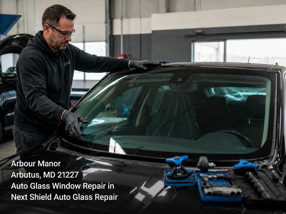 Technician inspecting a newly replaced windshield after an auto glass window repair Baltimore shop service.