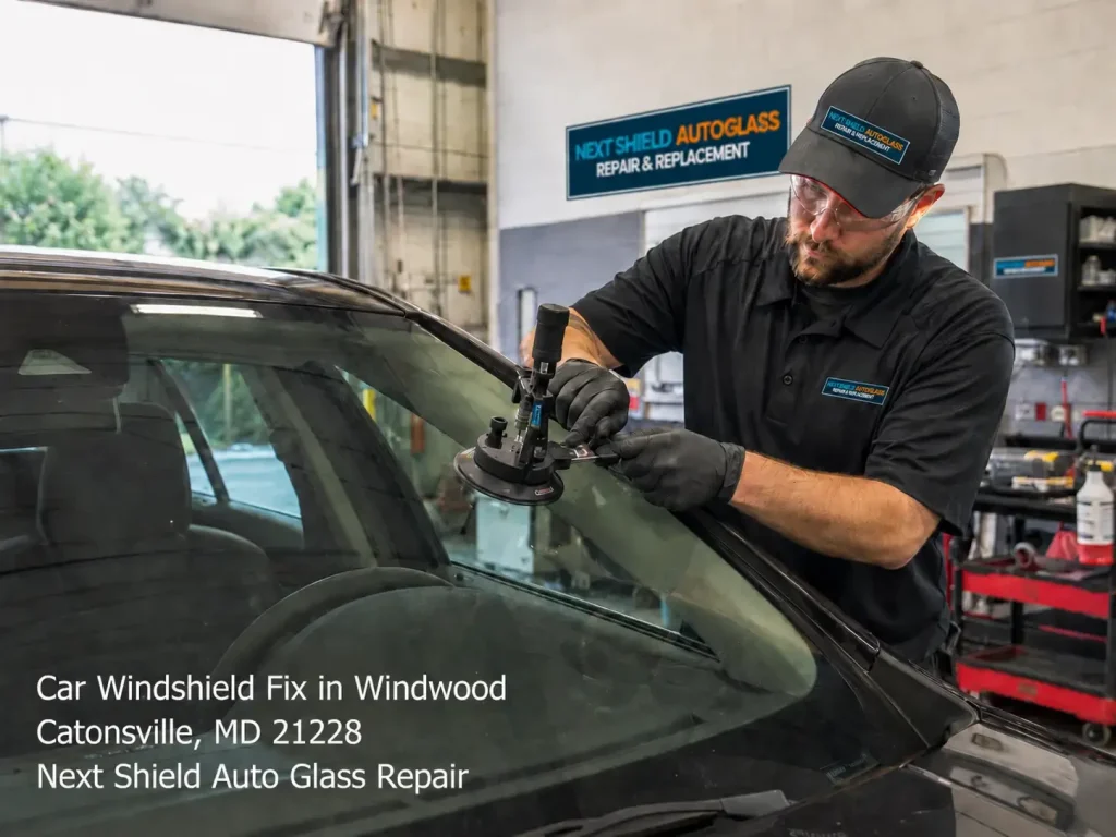 Professional technician performs a car windshield fix Baltimore service for a black vehicle at Next Shield Auto Glass shop.