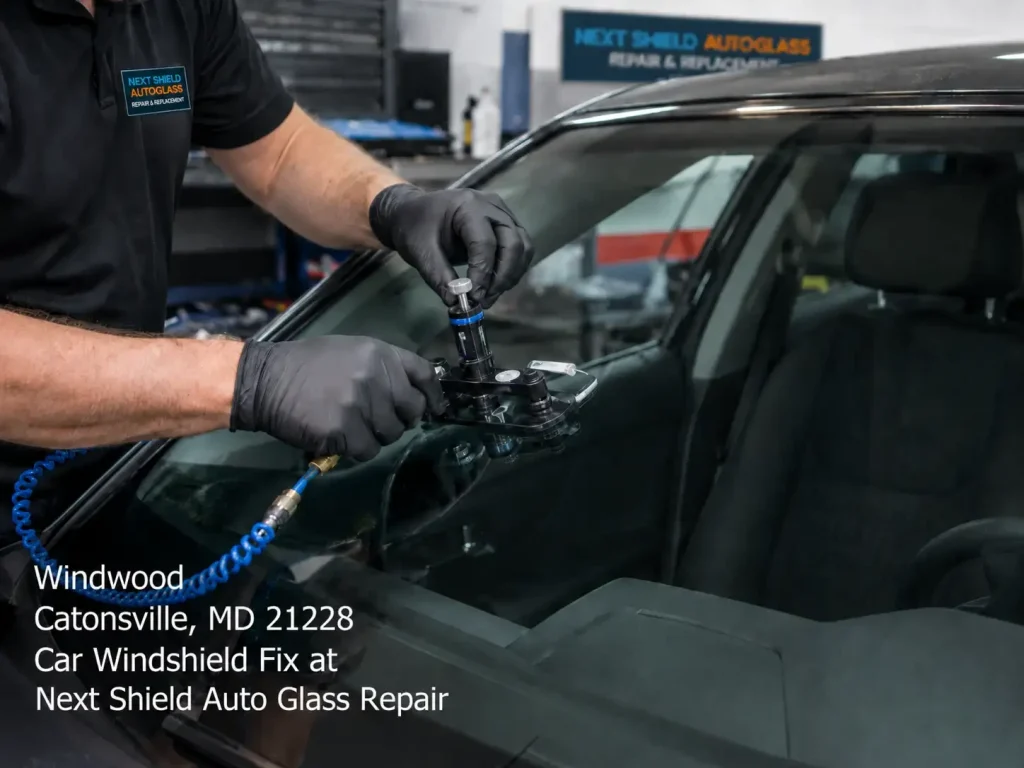 Close up of hands using advanced tools for a car windshield fix Baltimore area service by Next Shield Auto Glass experts.