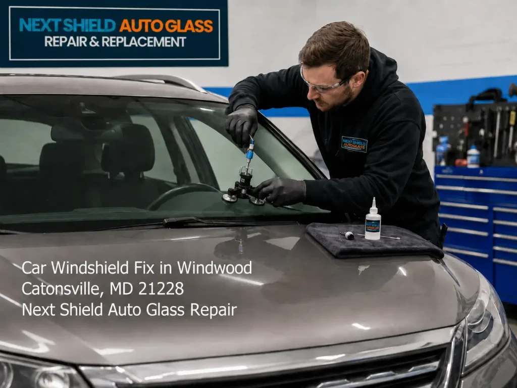 Expert technician provides a professional car windshield fix Baltimore service for a grey SUV at Next Shield Auto Glass