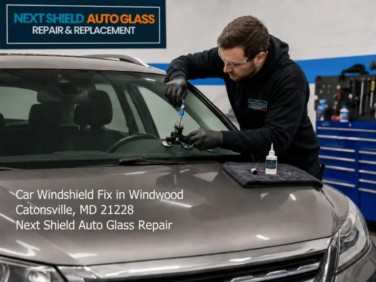 Expert technician provides a professional car windshield fix Baltimore service for a grey SUV at Next Shield Auto Glass