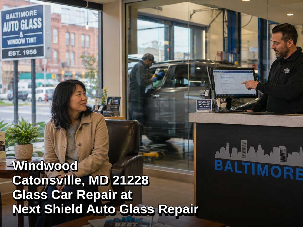 Customer waiting in lobby during professional glass car repair in Baltimore MD area auto glass shop service.