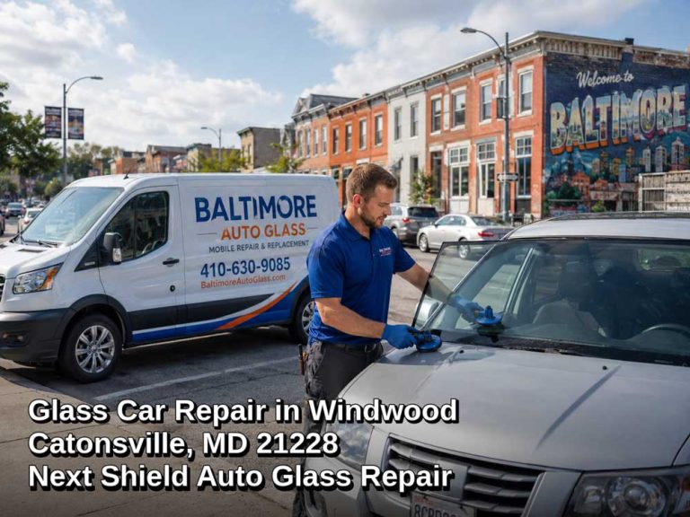 Mobile auto technician performing windshield glass car repair in Baltimore MD next to service van in Catonsville.