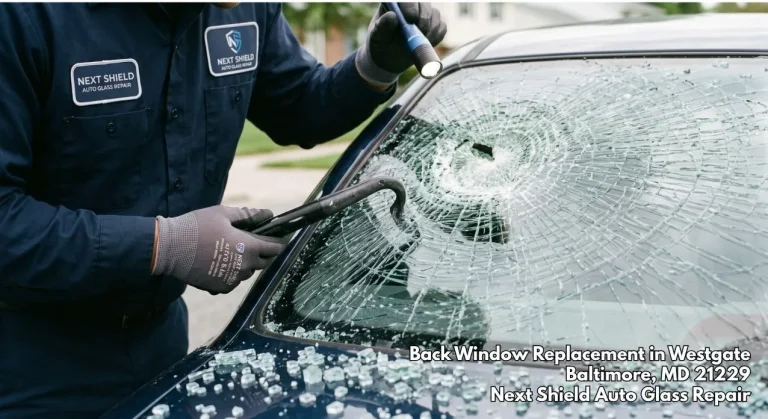 Auto glass expert inspecting a shattered car window preparing for a fast back window replacement Baltimore service.