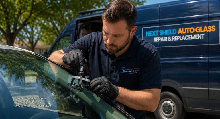 Expert mobile windshield repair Baltimore technician fixing cracked auto glass outdoors at Next Shield location.
