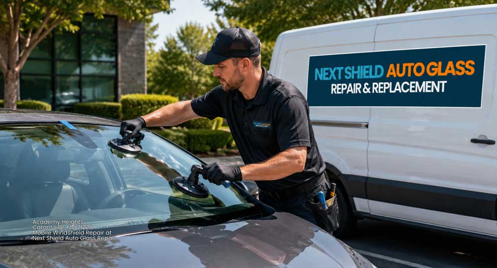 Professional mobile windshield repair Baltimore service technician installing new auto glass from service van.