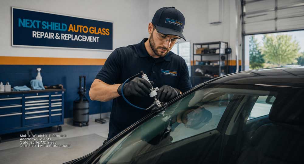 Technician performing mobile windshield repair Baltimore area at Next Shield Auto Glass shop using precision tools.