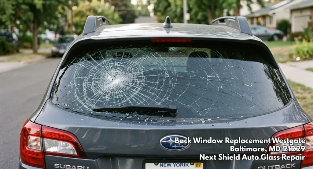 Completely shattered rear glass on a parked Subaru SUV needing an emergency back window replacement Baltimore service