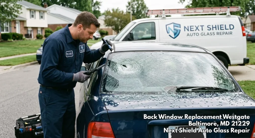 Technician using specialized tools to remove broken glass during a quick back window replacement Baltimore service.