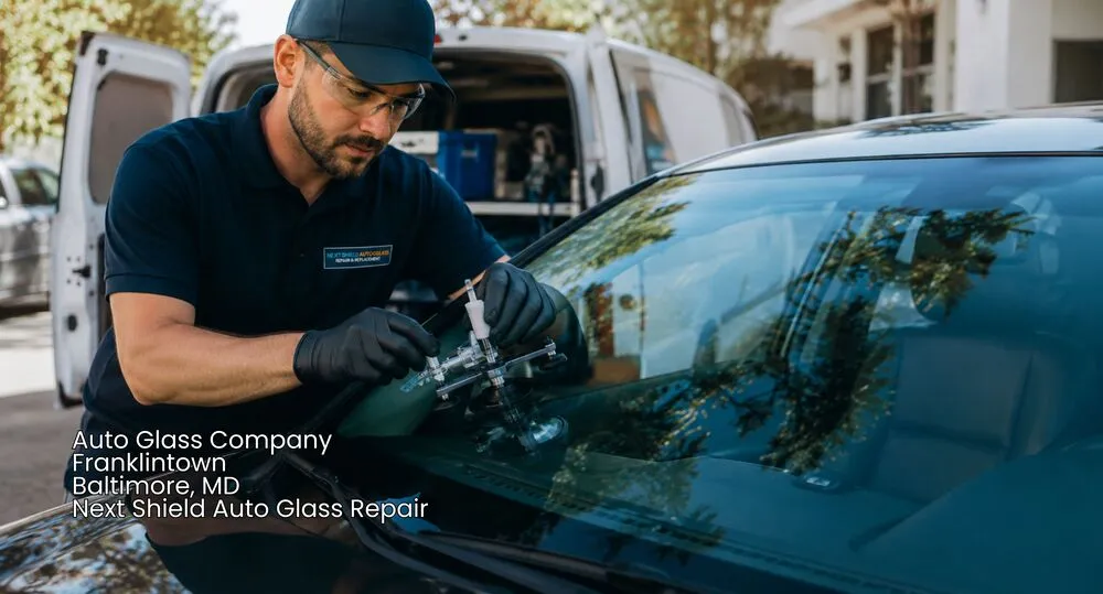 Professional from a top auto glass company baltimore performs mobile windshield rock chip repair using a resin tool.