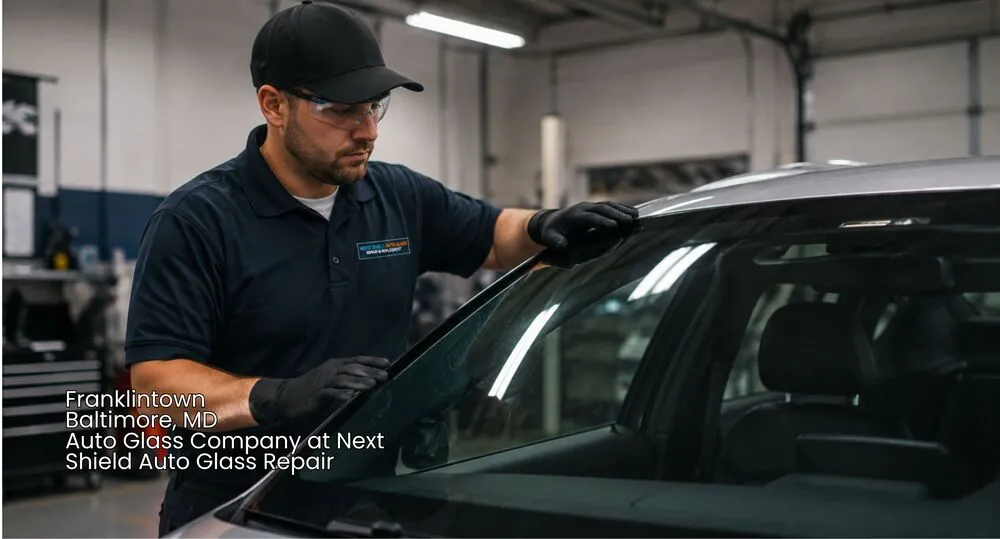 Expert technician from a leading auto glass company baltimore inspects the seal on a newly replaced car windshield.