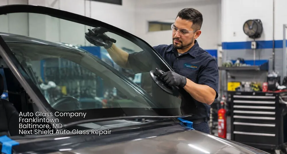A skilled technician at our auto glass company baltimore uses suction cups to carefully install a new car windshield.