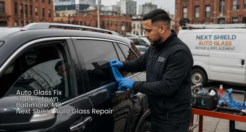 Certified technician wiping down a side window during a mobile auto glass fix Baltimore service on a city street.