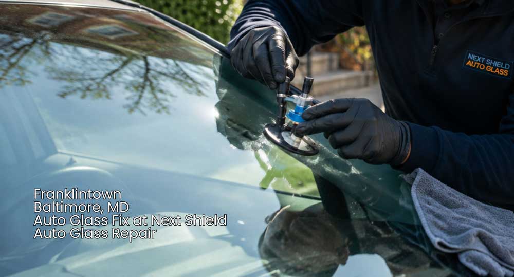 Professional technician performing a mobile auto glass fix Baltimore service to repair a windshield chip outdoors.