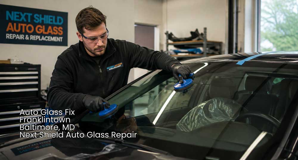 Expert mechanic placing a new car windshield during a reliable auto glass fix Baltimore shop replacement process.