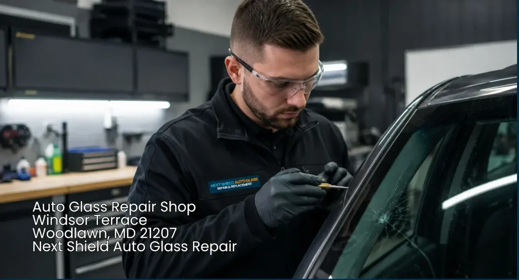 Specialist fixing a cracked side window at Next Shield, a top auto glass repair shop Baltimore drivers turn to for quick service.
