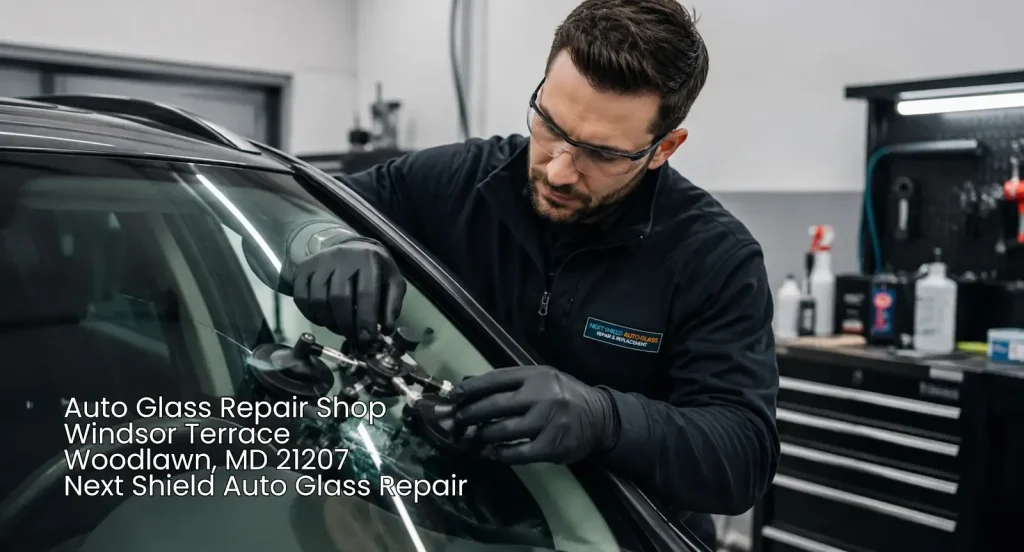 Technician calibrating a windshield repair bridge tool inside a local auto glass repair shop Baltimore vehicle owners rely on. 