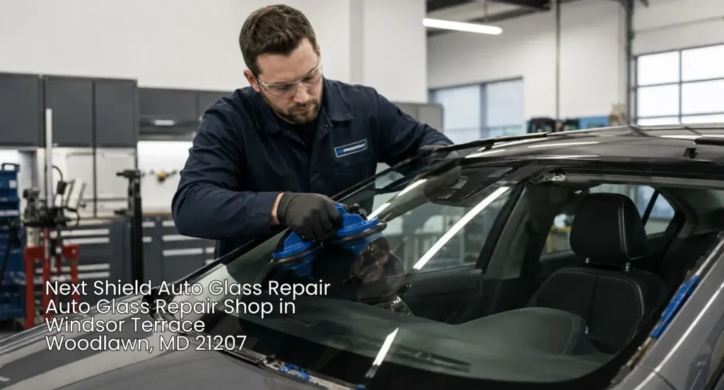 Professional mechanic using suction tools for windshield installation at an auto glass repair shop Baltimore drivers trust. 