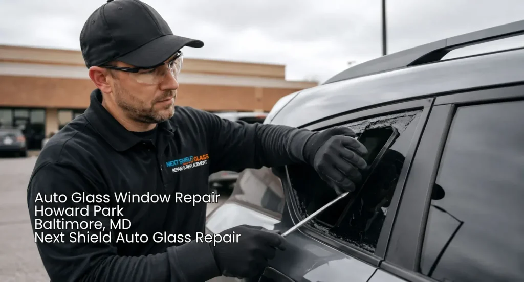 Technician providing auto glass window repair Baltimore for a side quarter window near Howard Park.