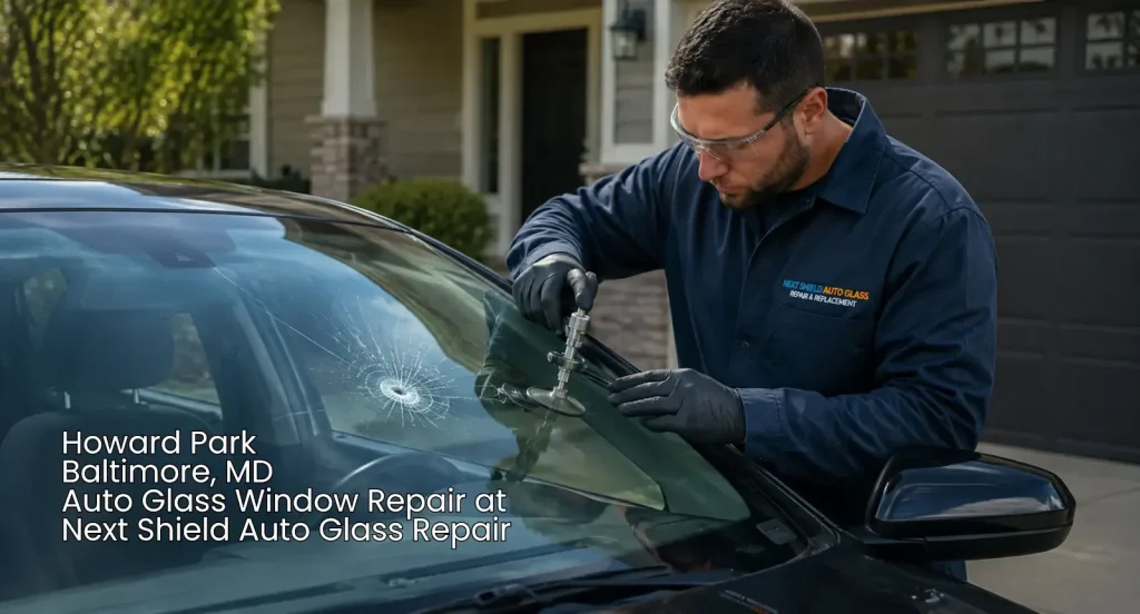 Mobile technician performing precise auto glass window repair Baltimore on a cracked front windshield.