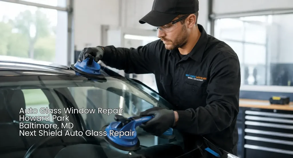 Specialist installing windshield replacement and auto glass window repair Baltimore using suction tools.