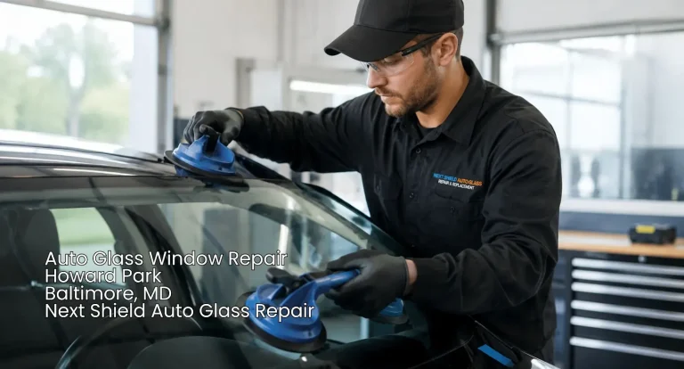 Specialist installing windshield replacement and auto glass window repair Baltimore using suction tools.