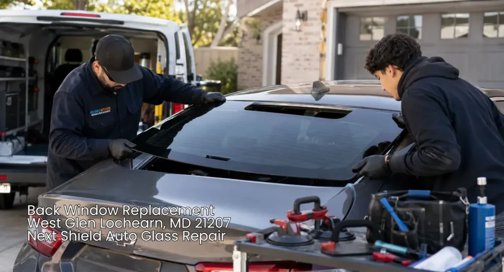 Auto glass specialists completing back window replacement Baltimore service outdoors.